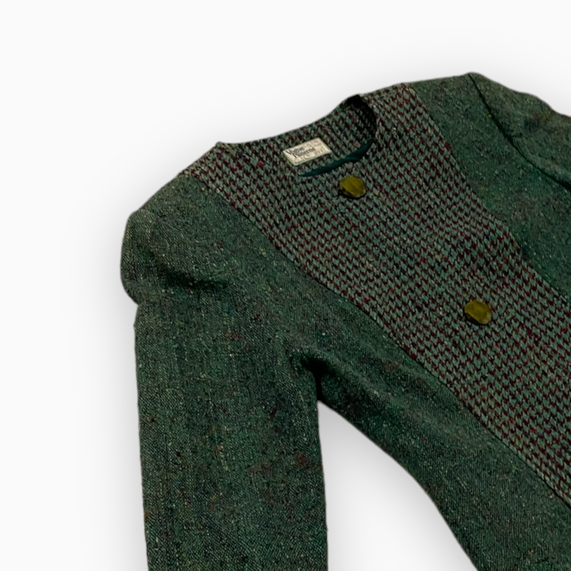 mix material 1940s Vogue Patters Green Tweed button Blazer jacket vintage houndstooth